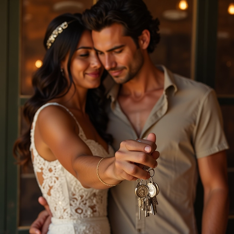 Noiva escolhendo chaveiros personalizados com ajuda de consultor.