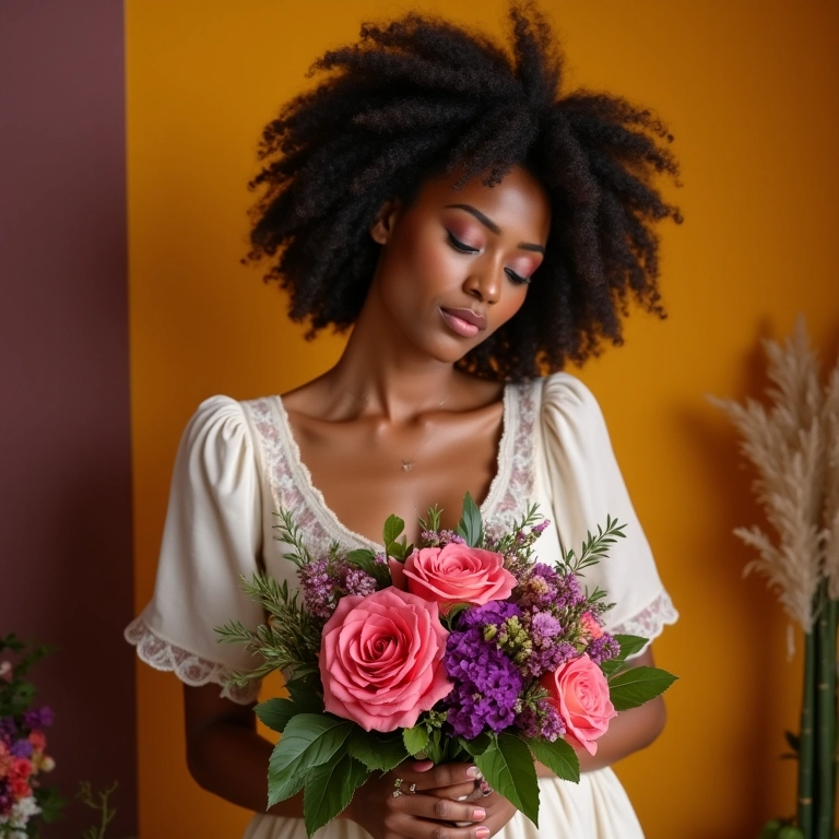 Noiva escolhendo cores para arranjos do casamento.