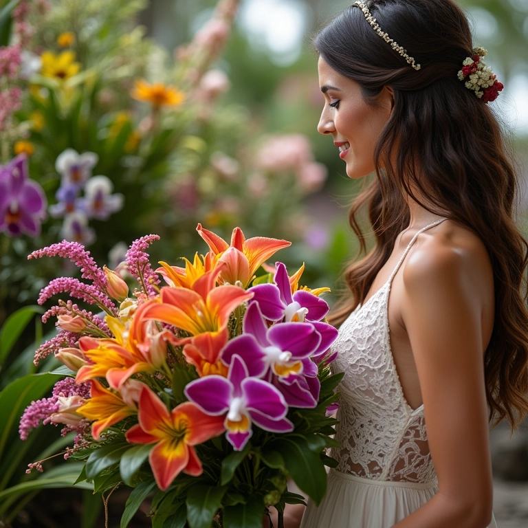 Noiva escolhendo flores para a decoração do casamento tropical.