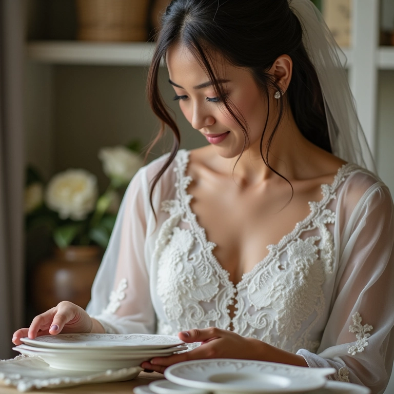 Noiva escolhendo louças para o casamento em um catálogo.