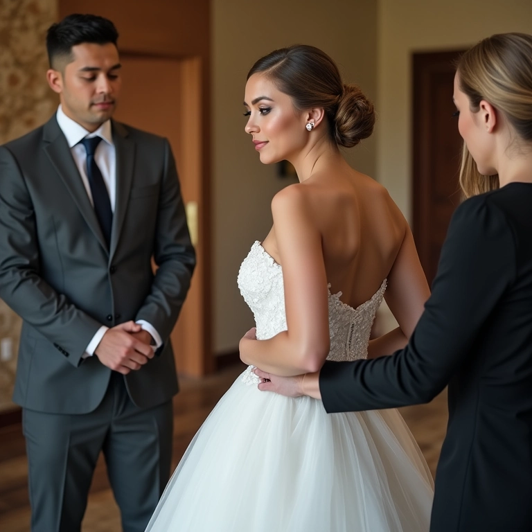 Noiva escolhendo o vestido e noivo experimentando o traje.