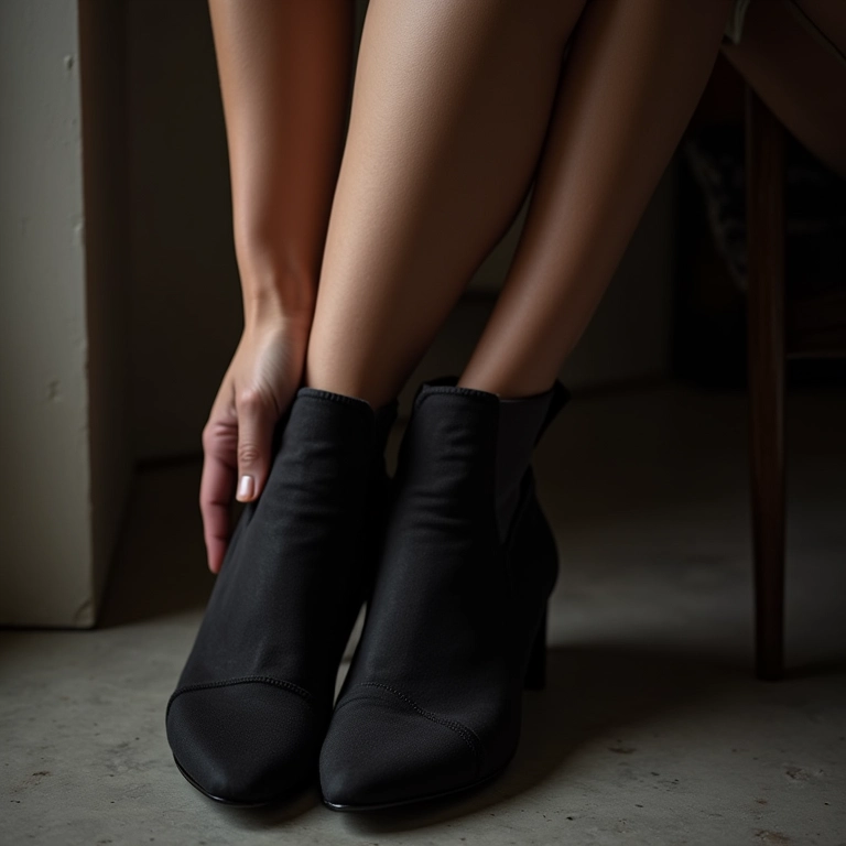 Noiva escolhendo sapatos ideais para um vestido de noiva preto em uma boutique.