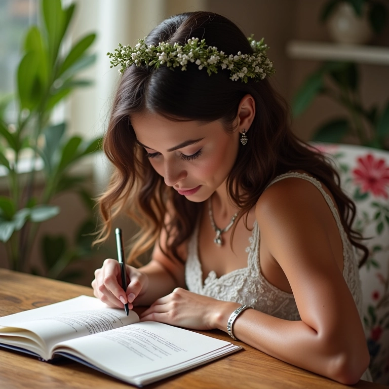 Noiva escrevendo bilhetes de agradecimento pelos presentes do chá de panela.