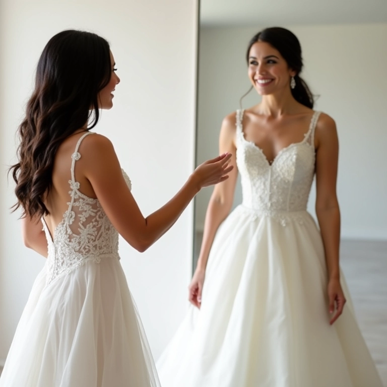 Noiva experimentando diferentes modelos de vestidos sob medida com ajuda de consultora.