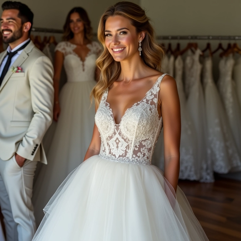 Noiva experimentando vestido de noiva em boutique com o noivo sorrindo.