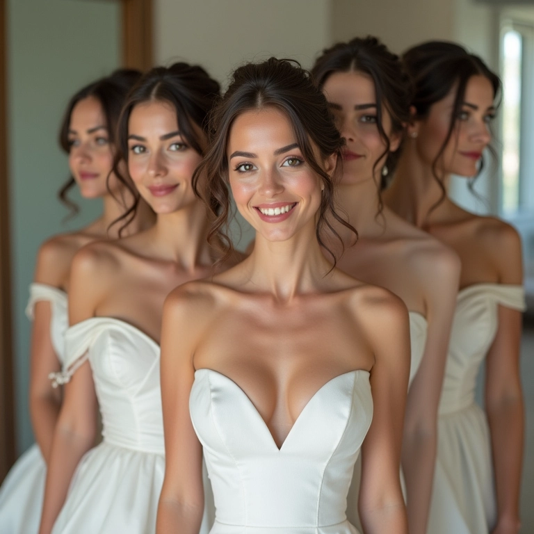 Noiva experimentando vestidos com diferentes decotes.