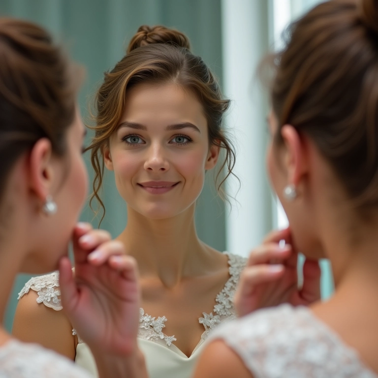 Noiva experimentando voilette ideal para seu formato de rosto.