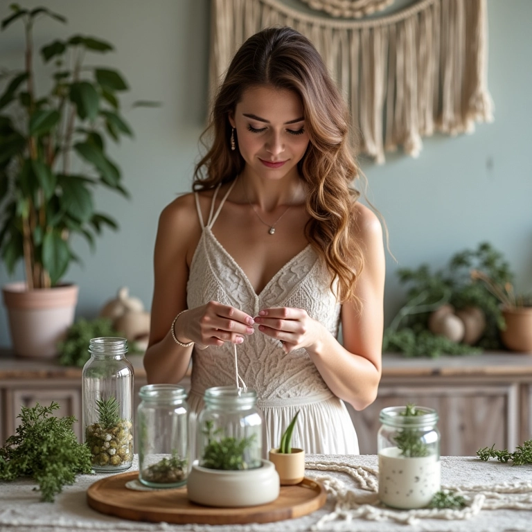 Noiva fazendo macramê para decoração de casamento boho.