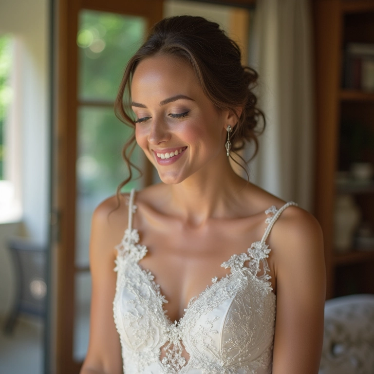 Noiva feliz com a escolha do salão de festas.