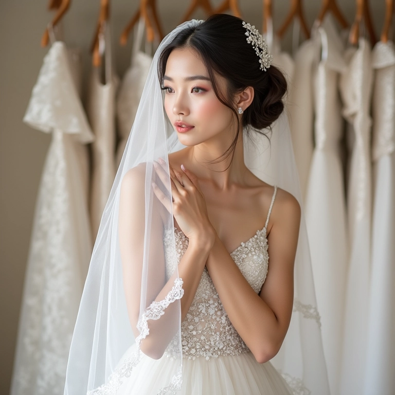 Noiva indecisa entre voilette e véu tradicional.