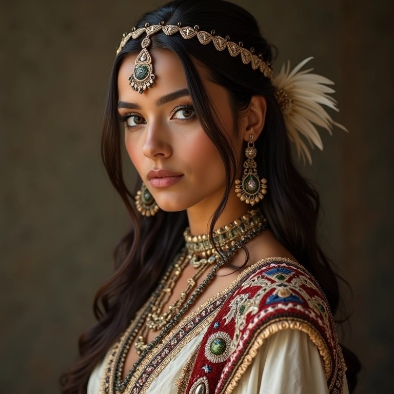 Noiva indígena vestindo traje tradicional de casamento com bordados e detalhes em penas.