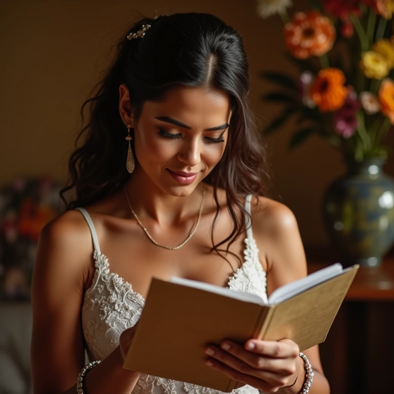 Noiva lendo uma carta emocionante do noivo antes do casamento.