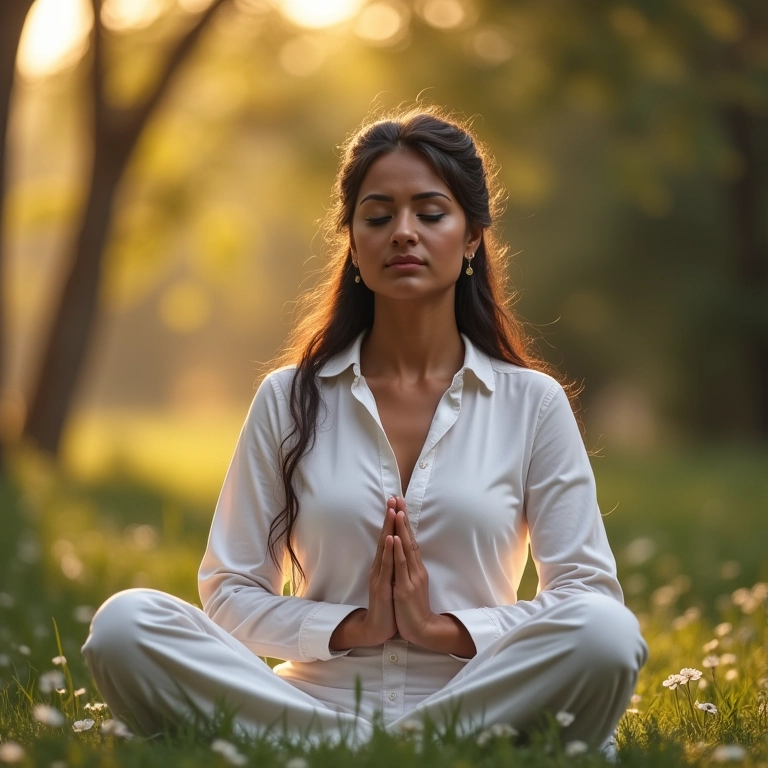 Noiva meditando em um ambiente sereno durante o making of.