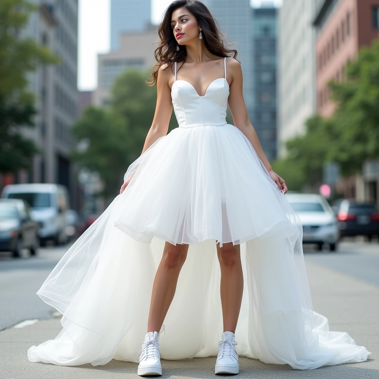 Noiva moderna usando tênis branco com vestido de noiva.