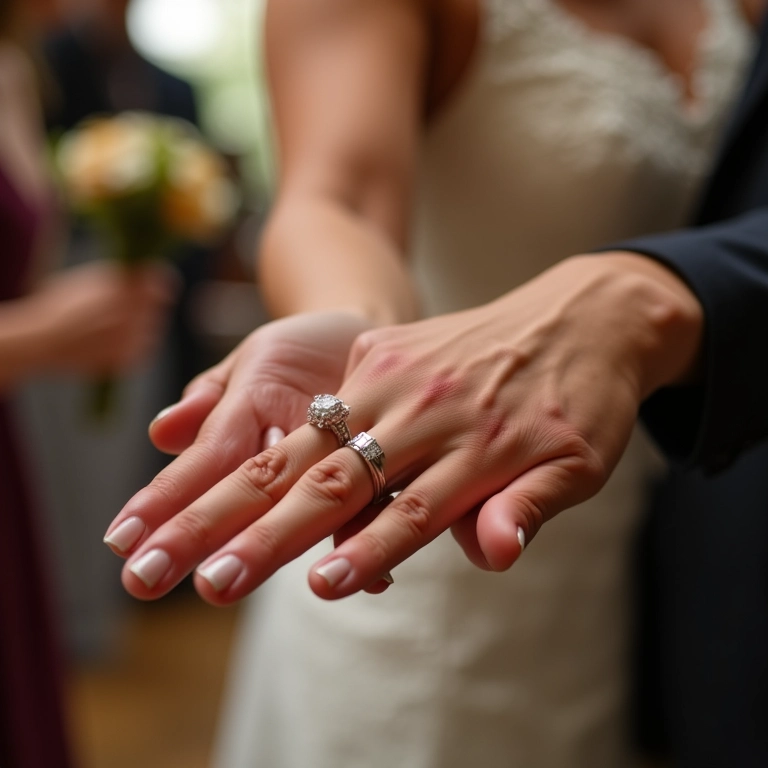 Noiva mostrando aliança de noivado e casamento juntas.