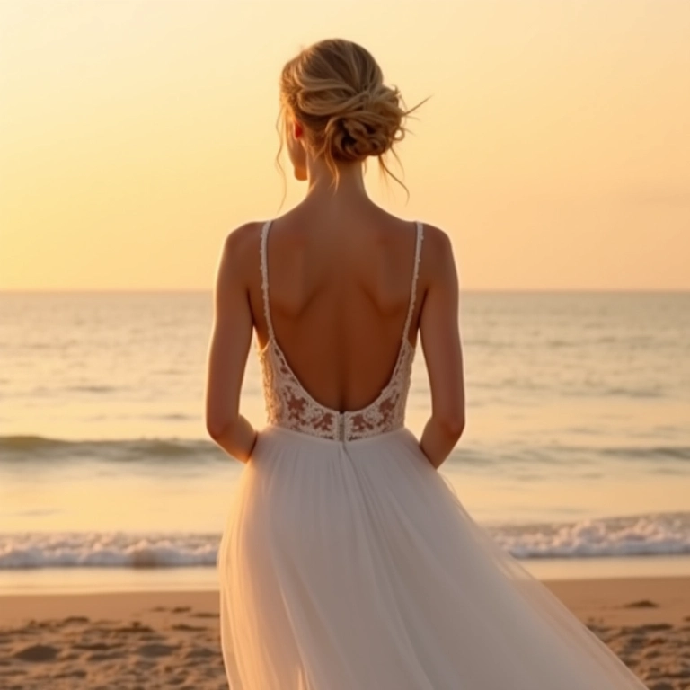 Noiva olhando por cima do ombro com vestido curto e decote nas costas em casamento na praia.