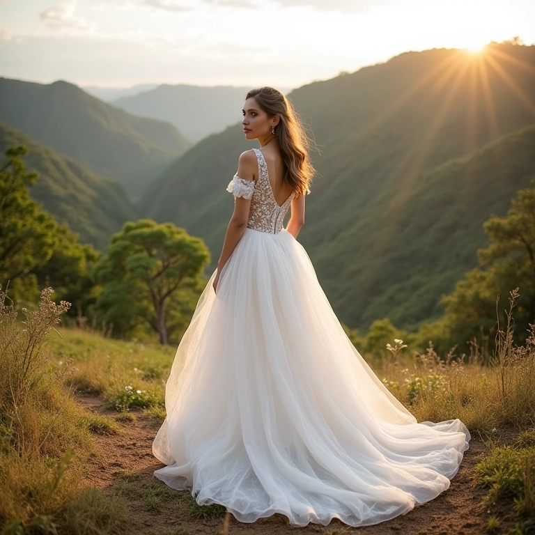 Noiva posando para foto com vestido e saia removível em paisagem brasileira