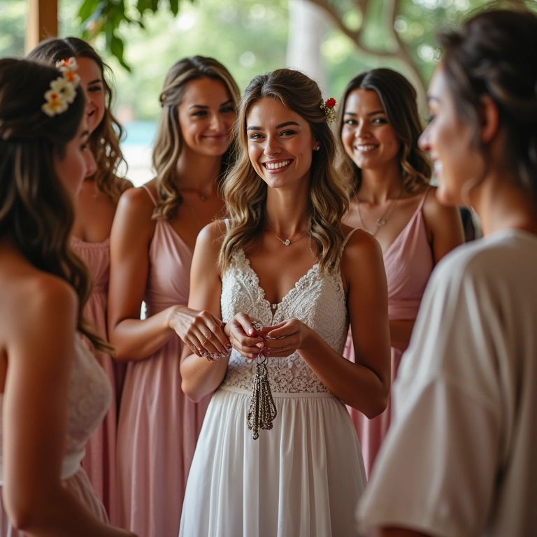 Noiva presenteando madrinhas com chaveiros personalizados.