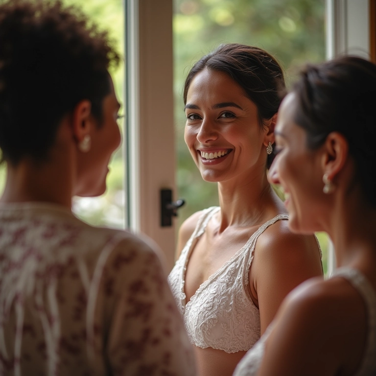 Noiva recebendo conselhos de familiares mais velhas no chá de cozinha.