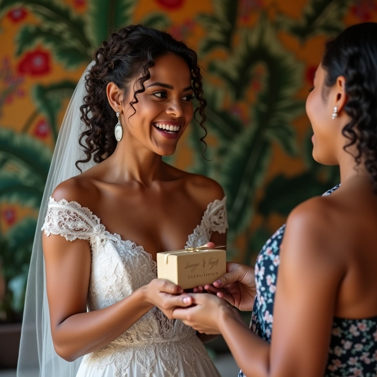 Noiva recebendo um presente atencioso do noivo antes do casamento.