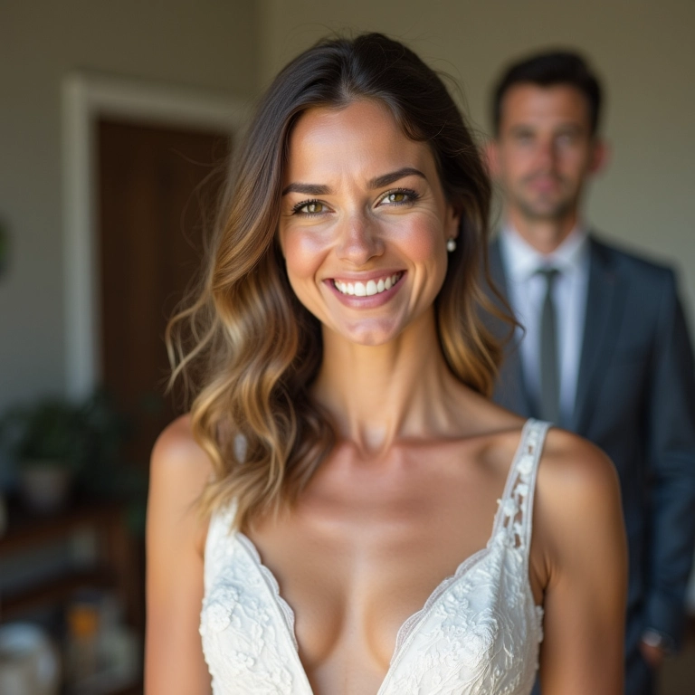 Noiva relaxada e confiante com assessora ao fundo.