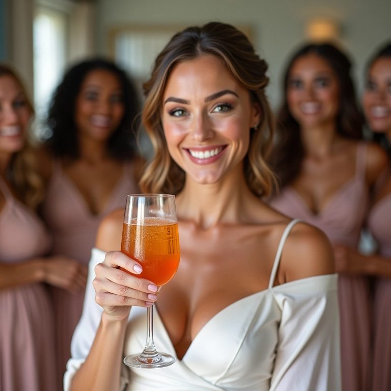 Noiva relaxando com amigas no camarim do salão.