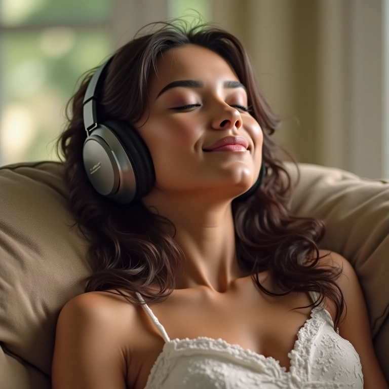 Noiva relaxando com fones de ouvido durante o making of.