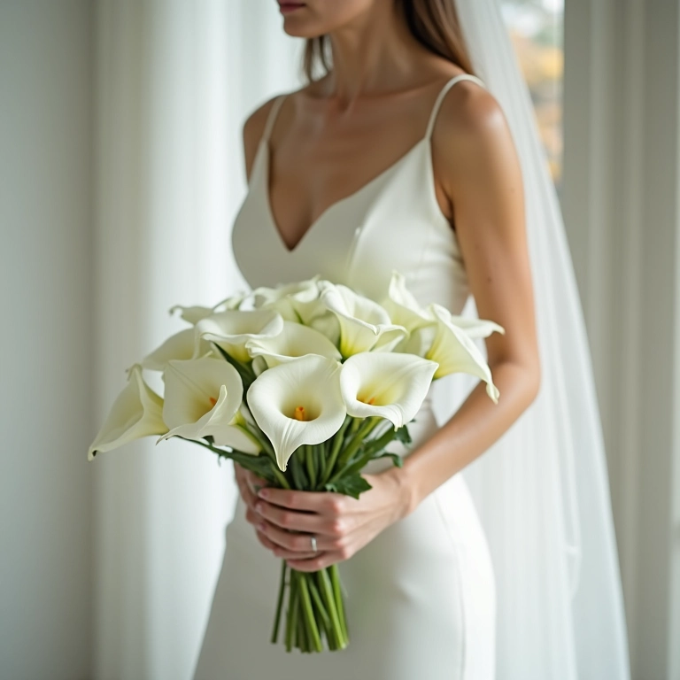 Noiva segurando buquê de callas