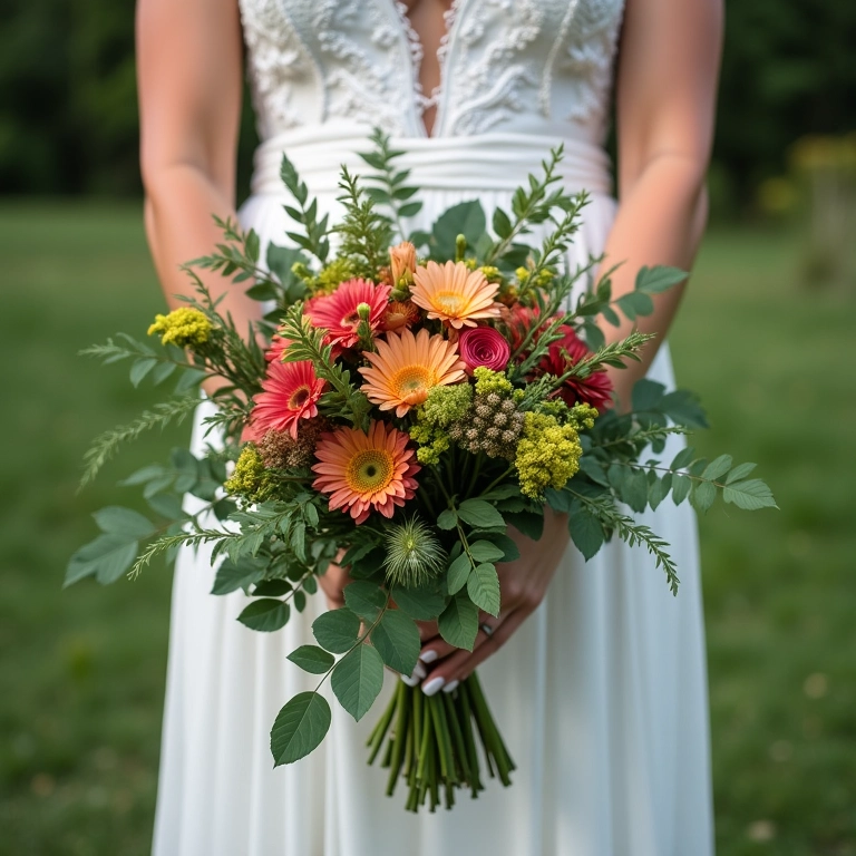 Noiva segurando buquê desconstruído com folhagens e flores vibrantes.