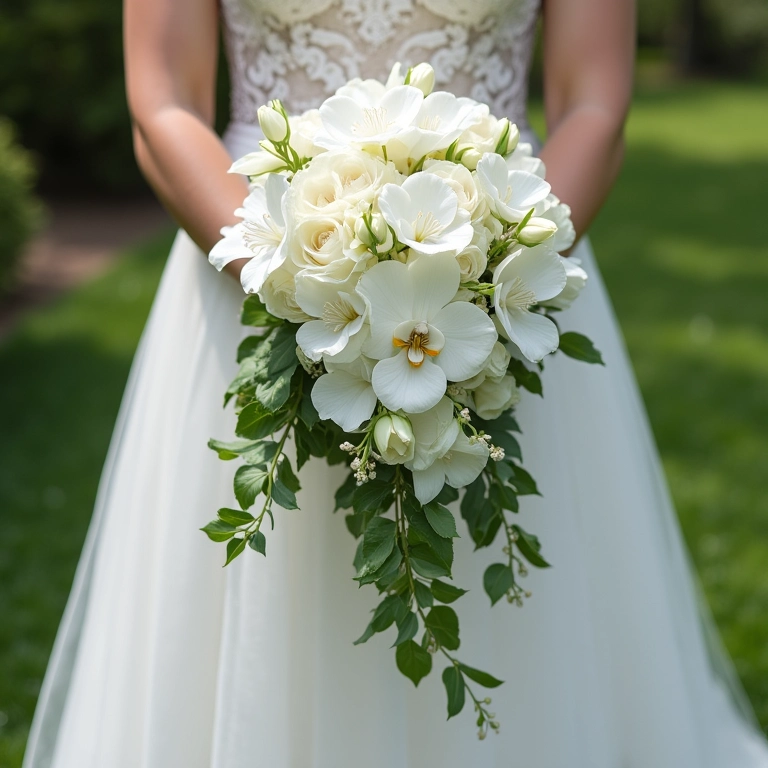 Noiva segurando buquê em cascata de rosas brancas e orquídeas.