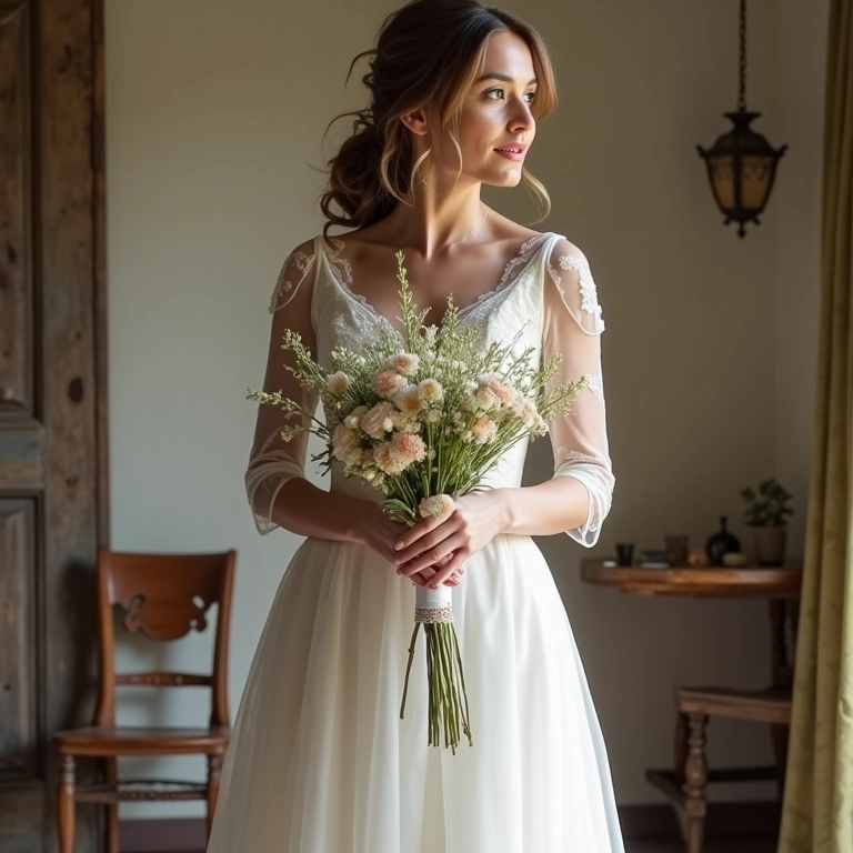 Noiva segurando flores com vestido de noiva curto de manga longa em cenário rústico.
