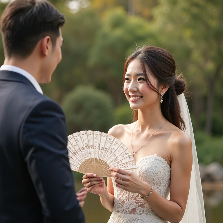 Leques Para Cerimônia: Um Alívio Chique no Calor Noiva segurando leque rendado em casamento ao ar livre.