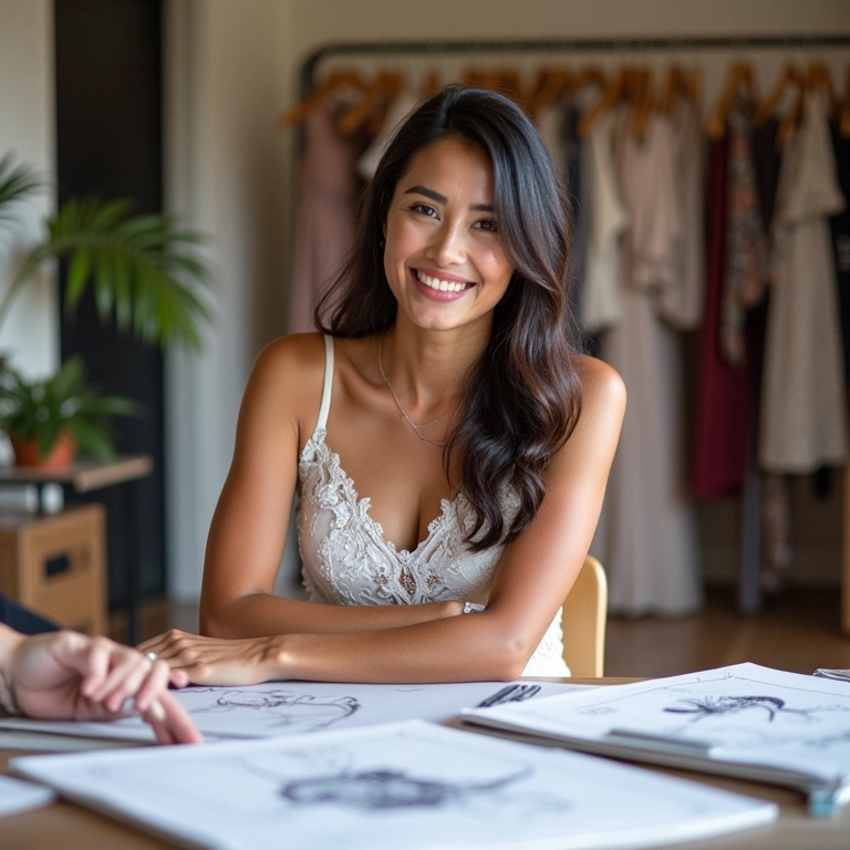Noiva sorrindo durante consulta com estilista para vestido sob medida.