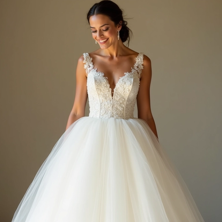 Noiva sorrindo mostra etiqueta de preço acessível em vestido com saia removível