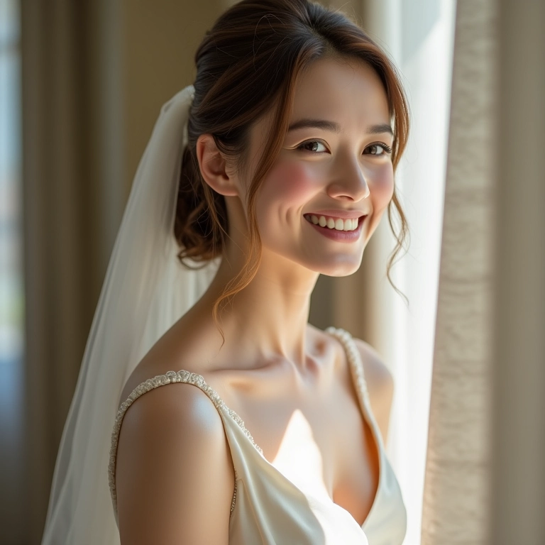 Noiva sorrindo, radiante no conforto do seu vestido de cetim.