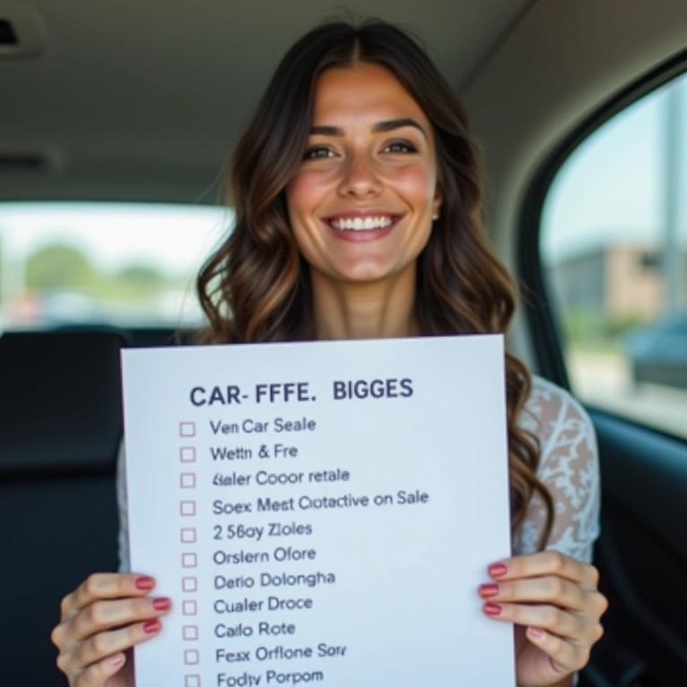 Noiva sorrindo segurando checklist com detalhes da locação do carro.