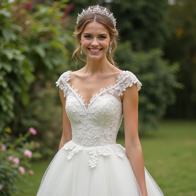 Noiva sorrindo usando um vestido de noiva curto com renda em um jardim.