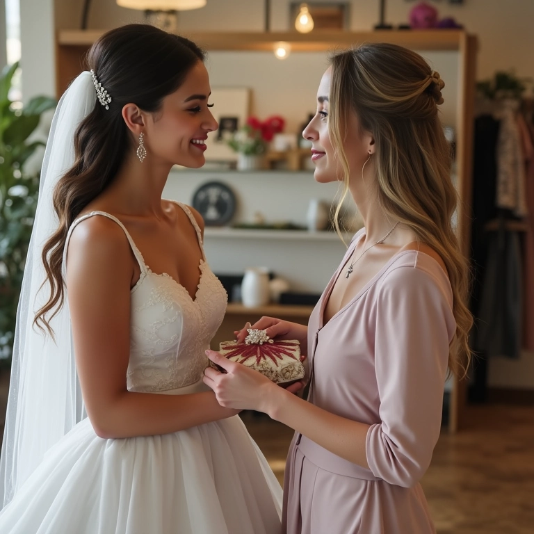 Noiva trocando um presente repetido do chá de panela.