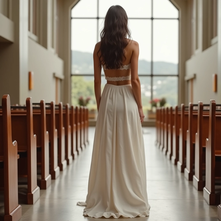 Noiva usando saia e cropped em casamento na igreja.