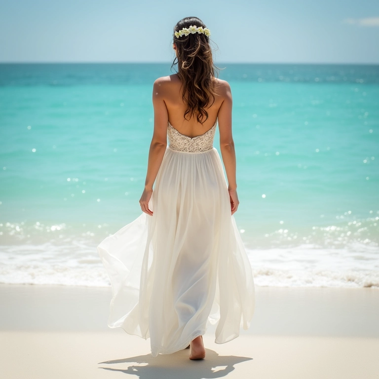 Noiva usando vestido de noiva sob medida leve e fluído em um casamento na praia.