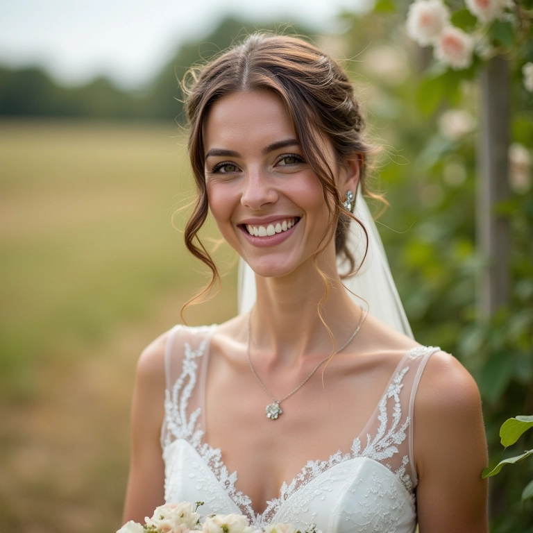 Noiva usando voilette em casamento diurno ao ar livre.