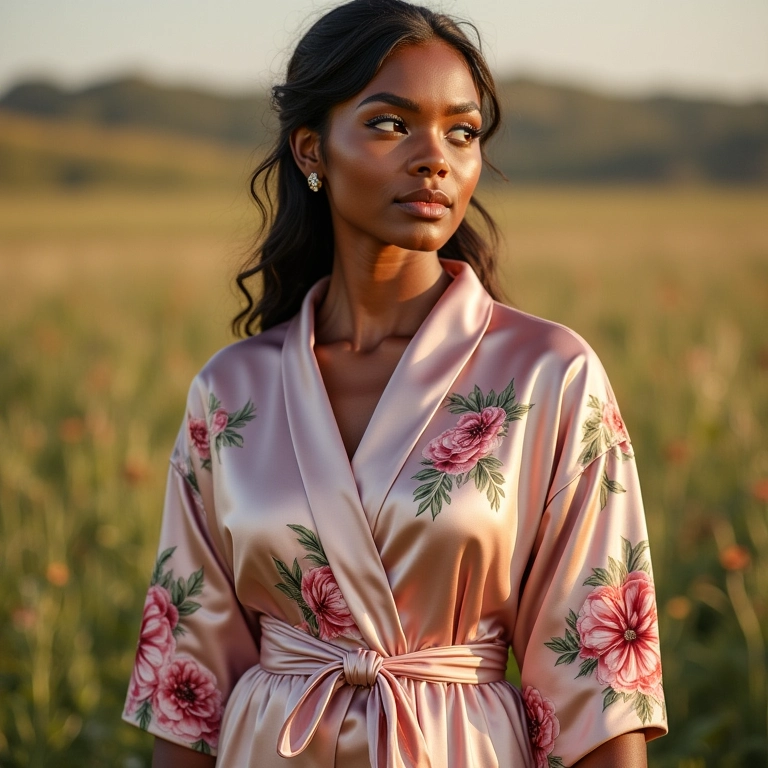 Noiva vestindo roupão de seda com detalhes florais no making of.