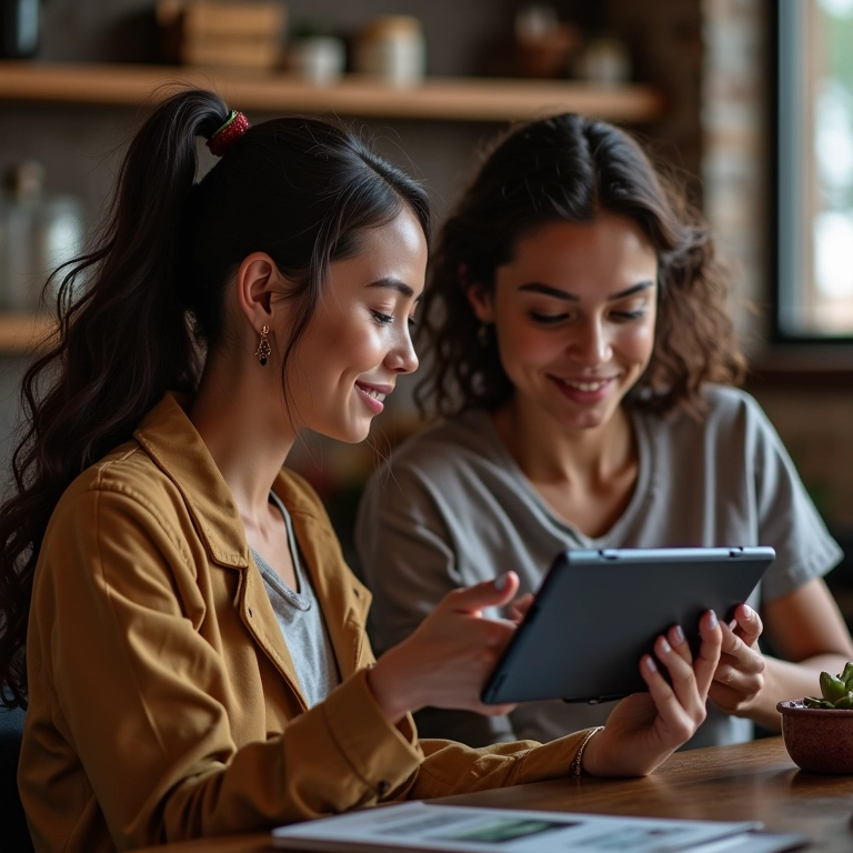 Noivas diversas pesquisando opções de salões de festa em um tablet.