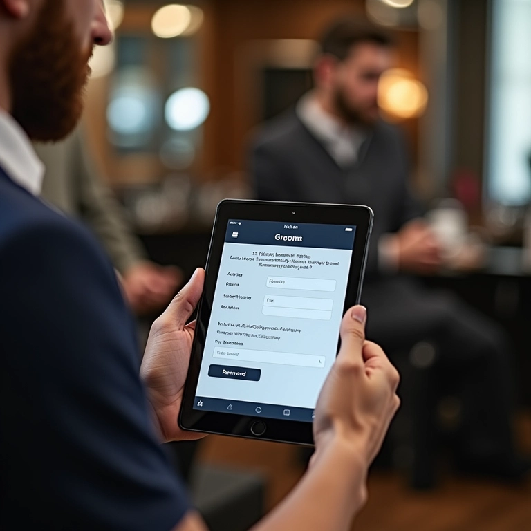 Noivo agendando horário na barbearia pelo tablet.