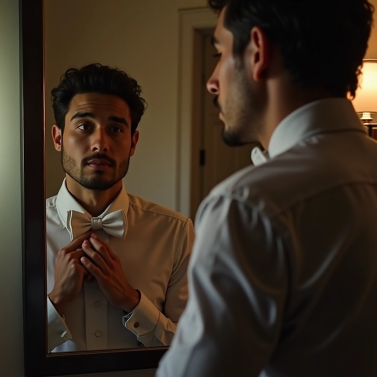 Noivo ajustando sua gravata borboleta no espelho.