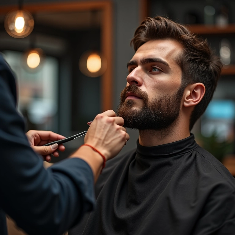 Noivo aparando a barba em uma barbearia moderna.