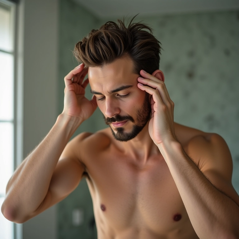 Noivo aplicando produto finalizador no cabelo.