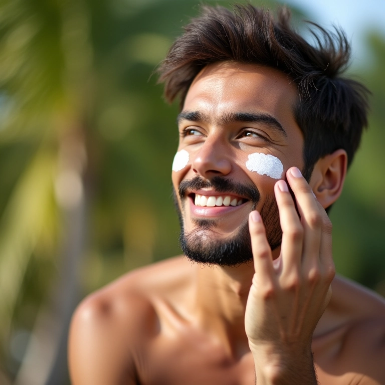 Noivo aplicando protetor solar no rosto para proteção da pele.