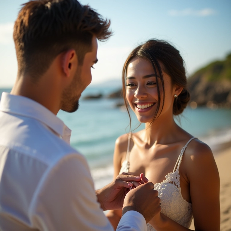 Noivo colocando aliança no dedo da noiva em casamento na praia.