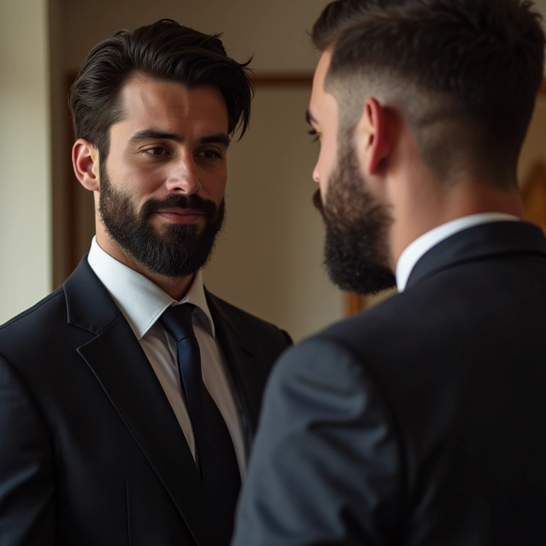 Noivo conversando com o barbeiro sobre o resultado.